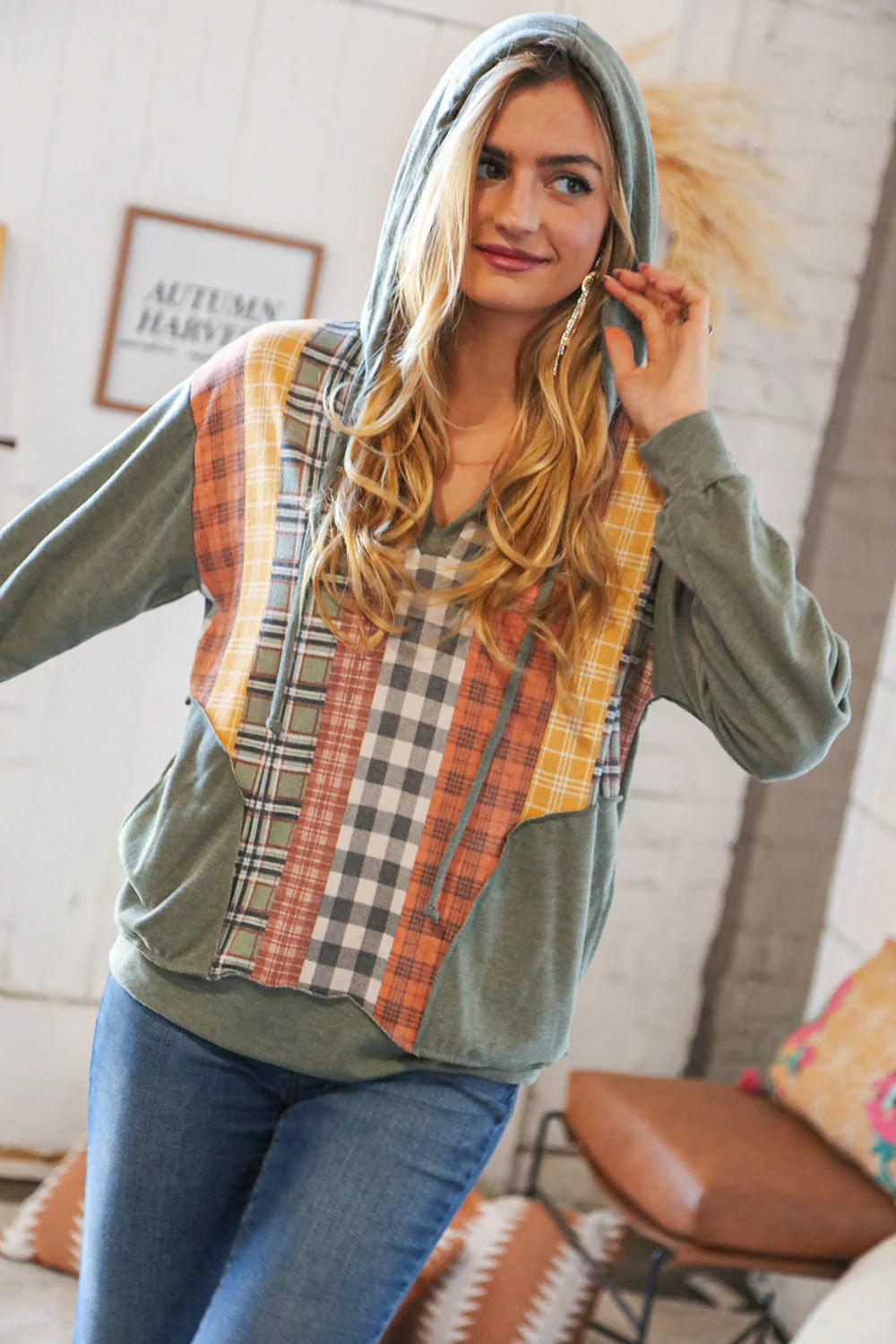 Moss plaid color block hoodie with pockets