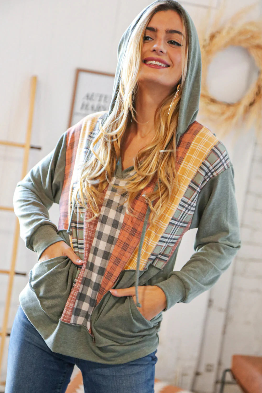 Moss plaid color block hoodie with pockets