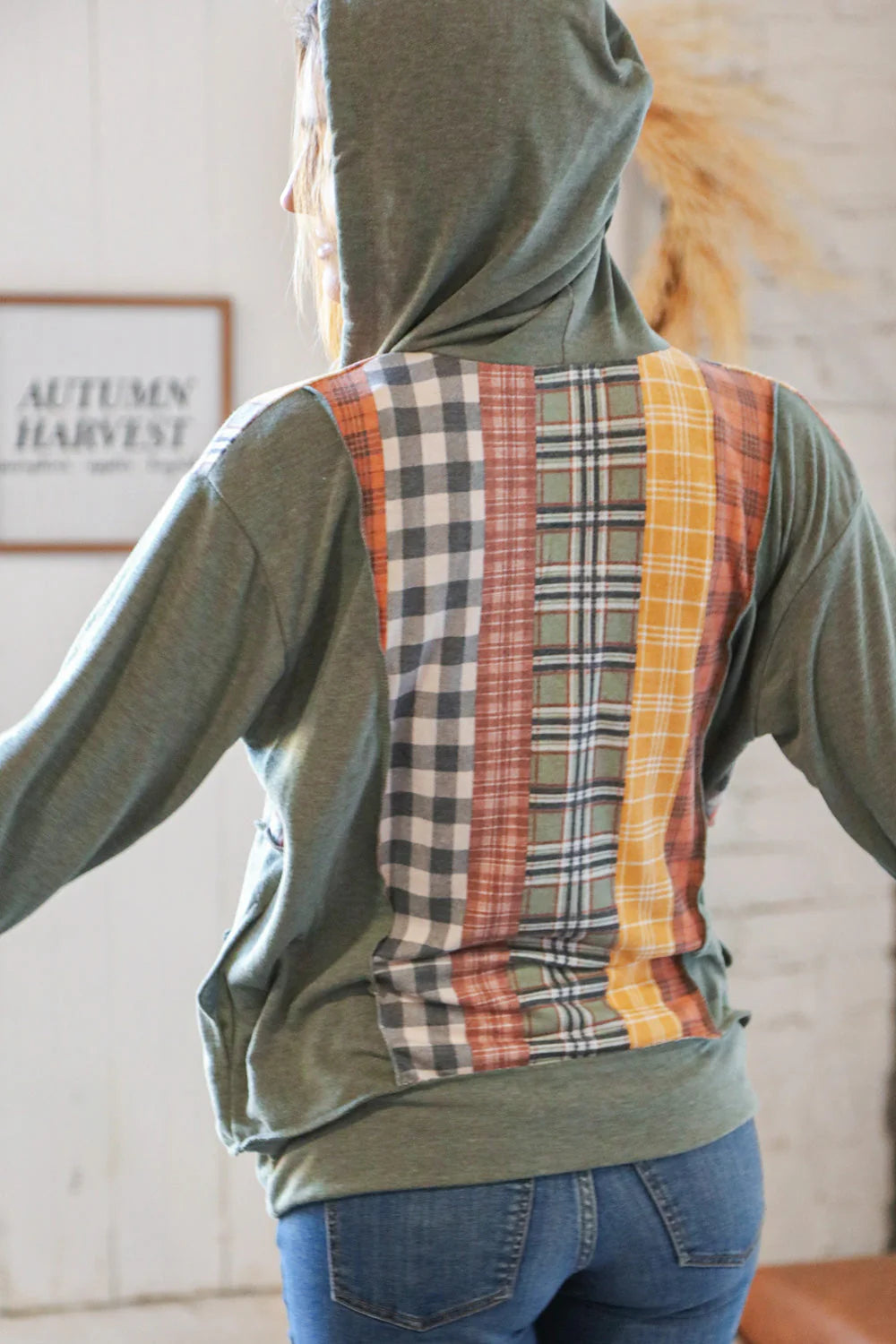 Moss plaid color block hoodie with pockets